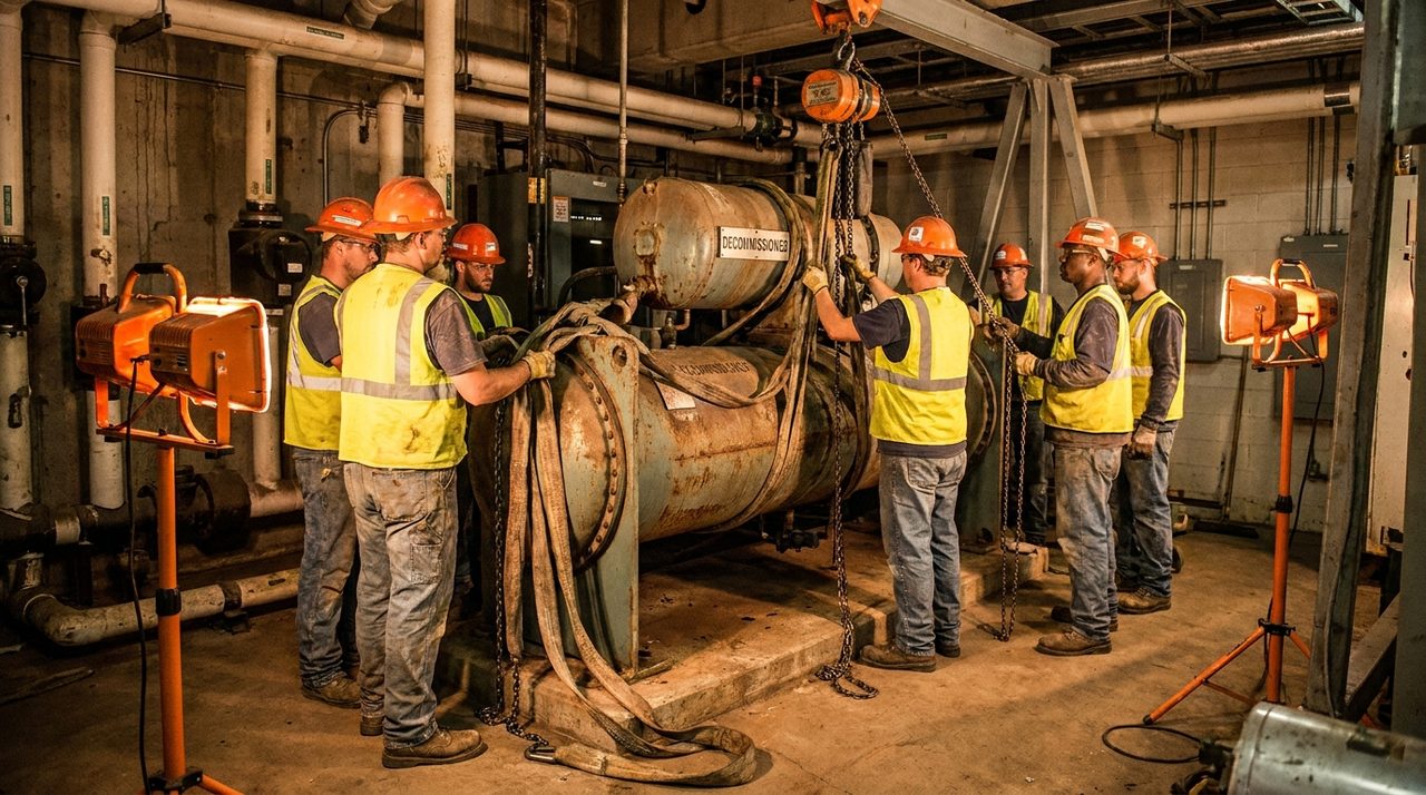 Crew rigging out a decommissioned chiller