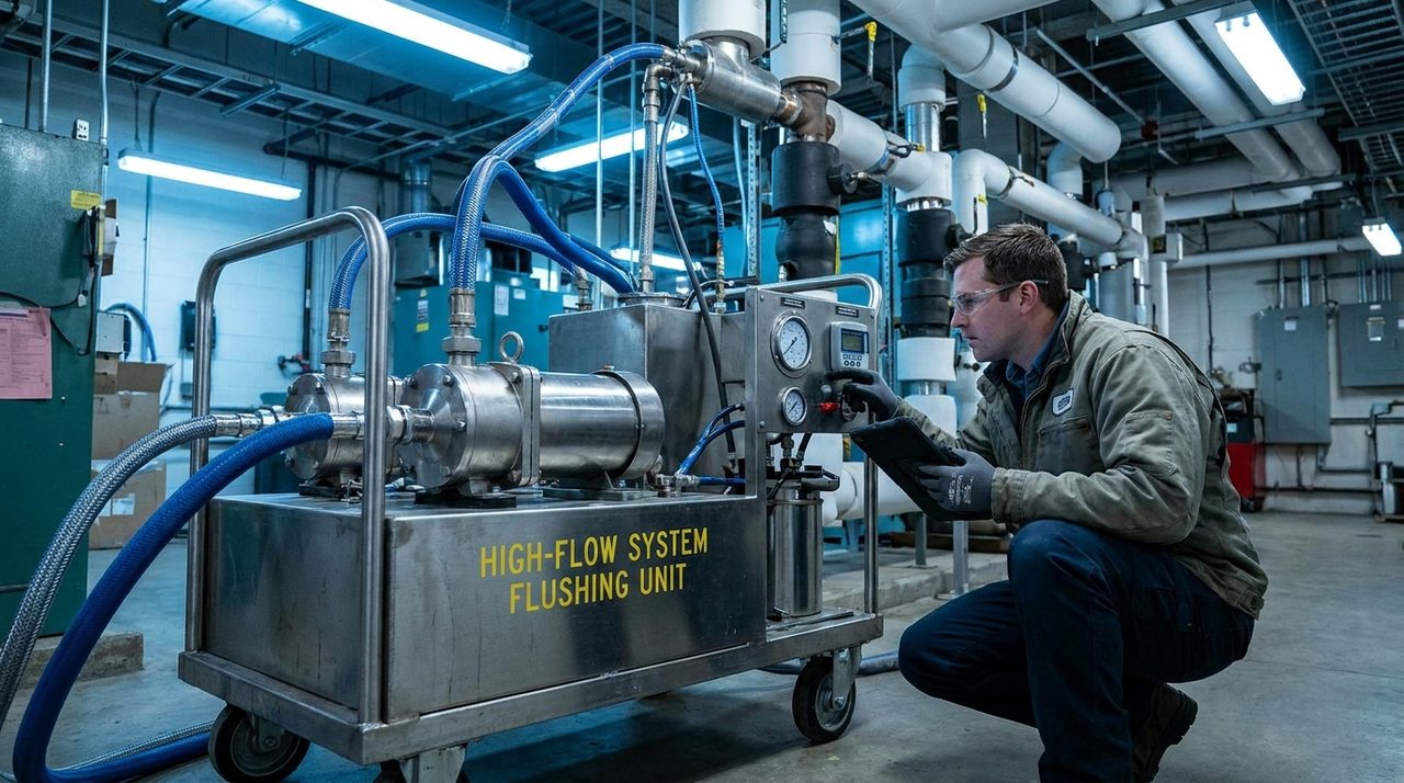 High-flow flushing rig connected to a commercial HVAC system