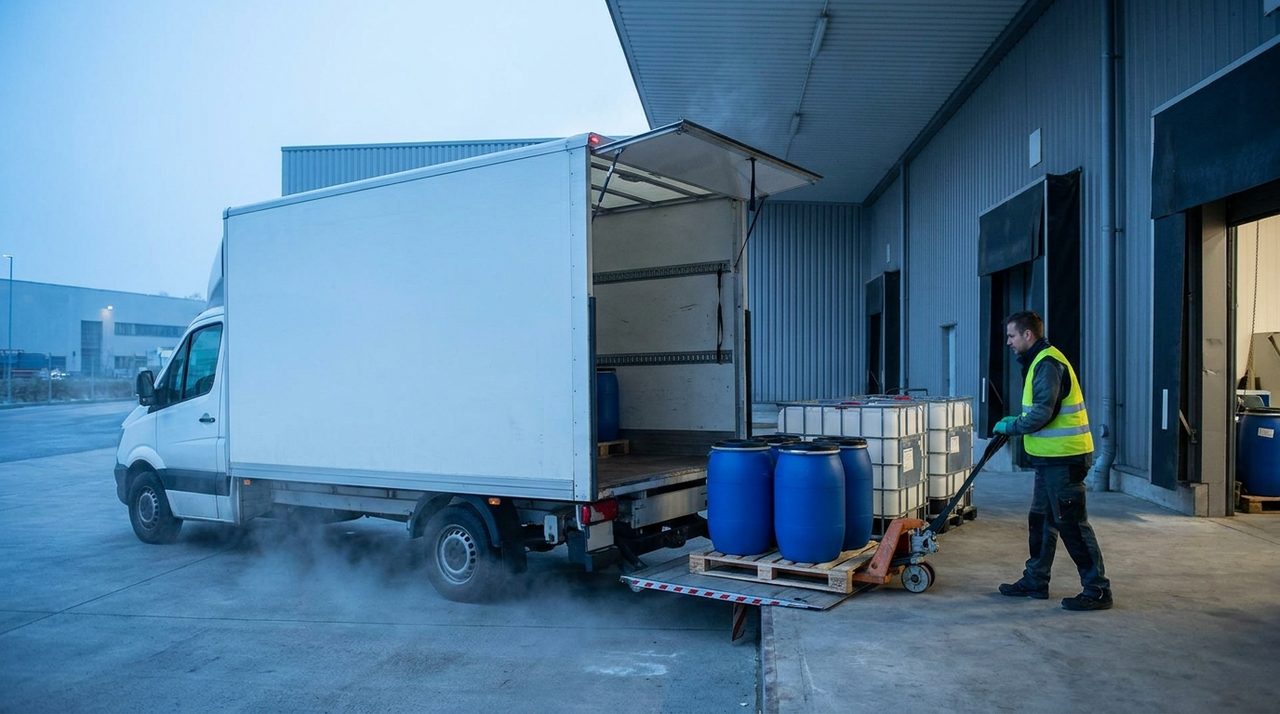 Drums and totes of propylene glycol being delivered to a commercial facility