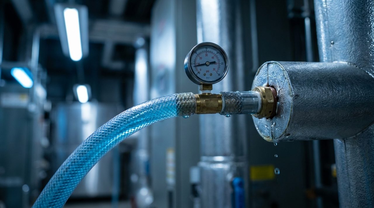 Blue propylene glycol being metered into a commercial HVAC system