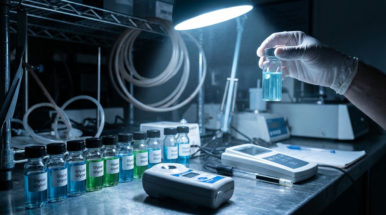 Glycol samples being tested with a refractometer and pH meter