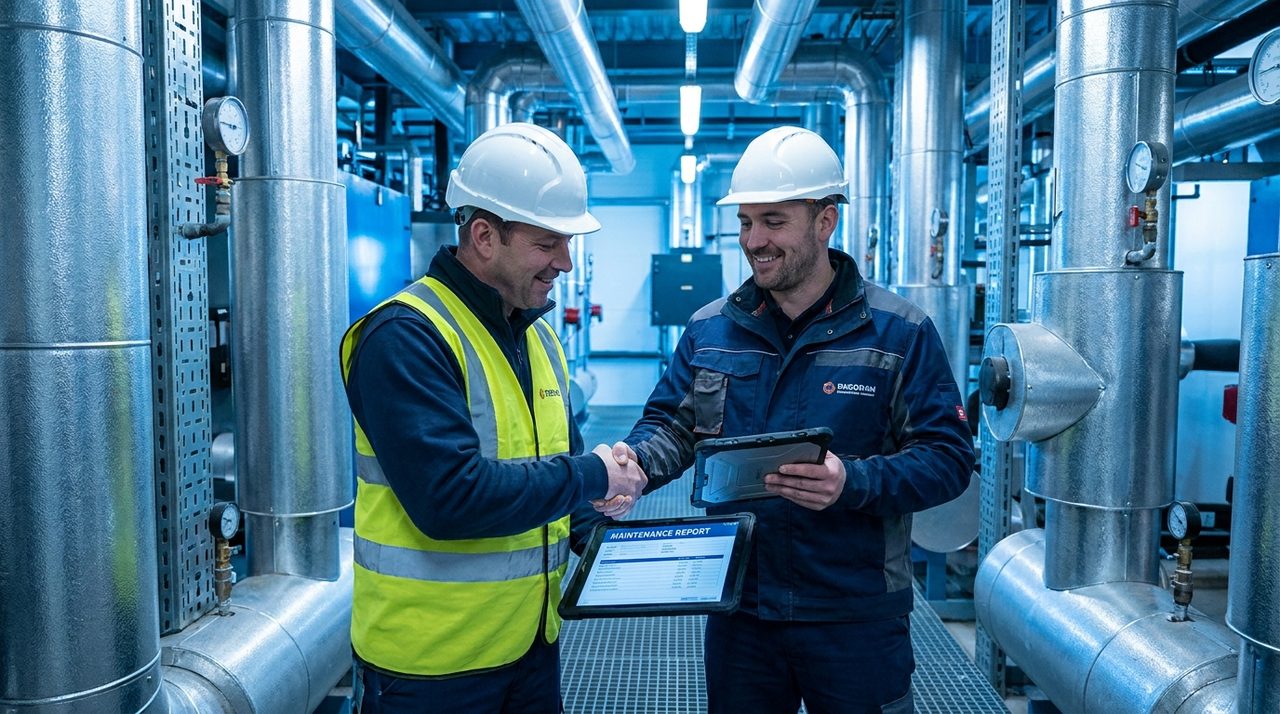 A Strong Resolution technician reviewing a maintenance report with a facility manager