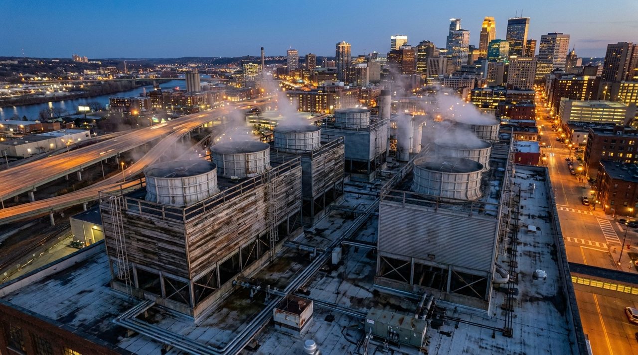 Aerial view of commercial rooftop cooling towers