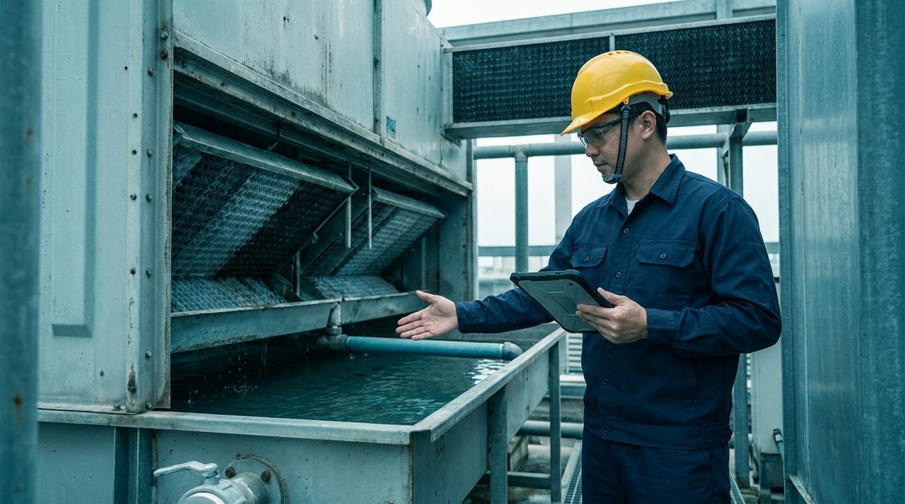 Technician documenting a cooling tower inspection
