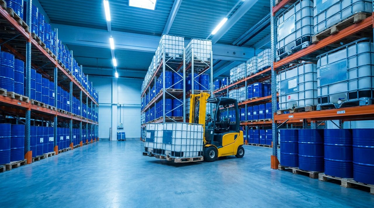 Warehouse stocked with glycol drums and totes